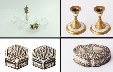 19世纪黄铜嵌螺钿烛台一对与20世纪手工首饰盒、玻璃油灯等七件