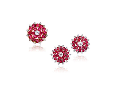 卡地亚（Cartier）「缅甸鸽血红」红宝石配钻石戒指及耳环套装，未经加热