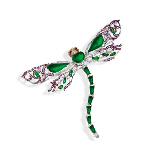 缅甸天然满绿翡翠配钻石及彩色宝石「蜻蜓」胸针