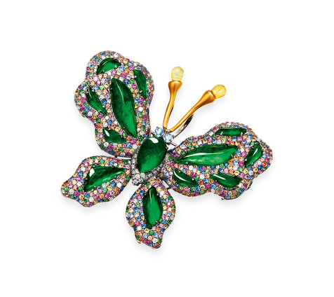 缅甸天然满绿翡翠配钻石及彩色宝石「蝴蝶」胸针