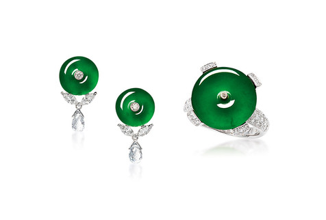 缅甸天然满绿翡翠「怀古」戒指及耳环套装
