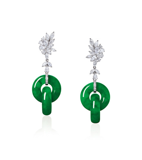 缅甸天然满绿翡翠双环配钻石耳环