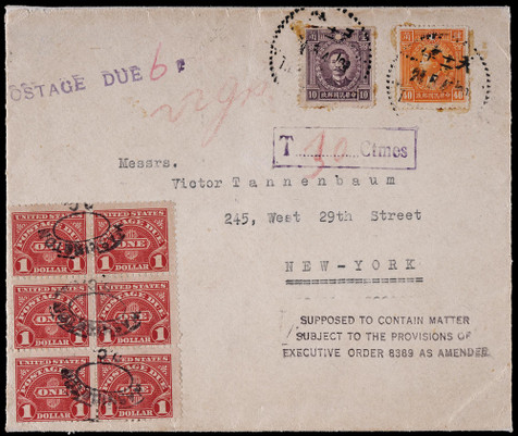 1940年天津寄美国欠资封，贴烈士像10分、40分各一枚