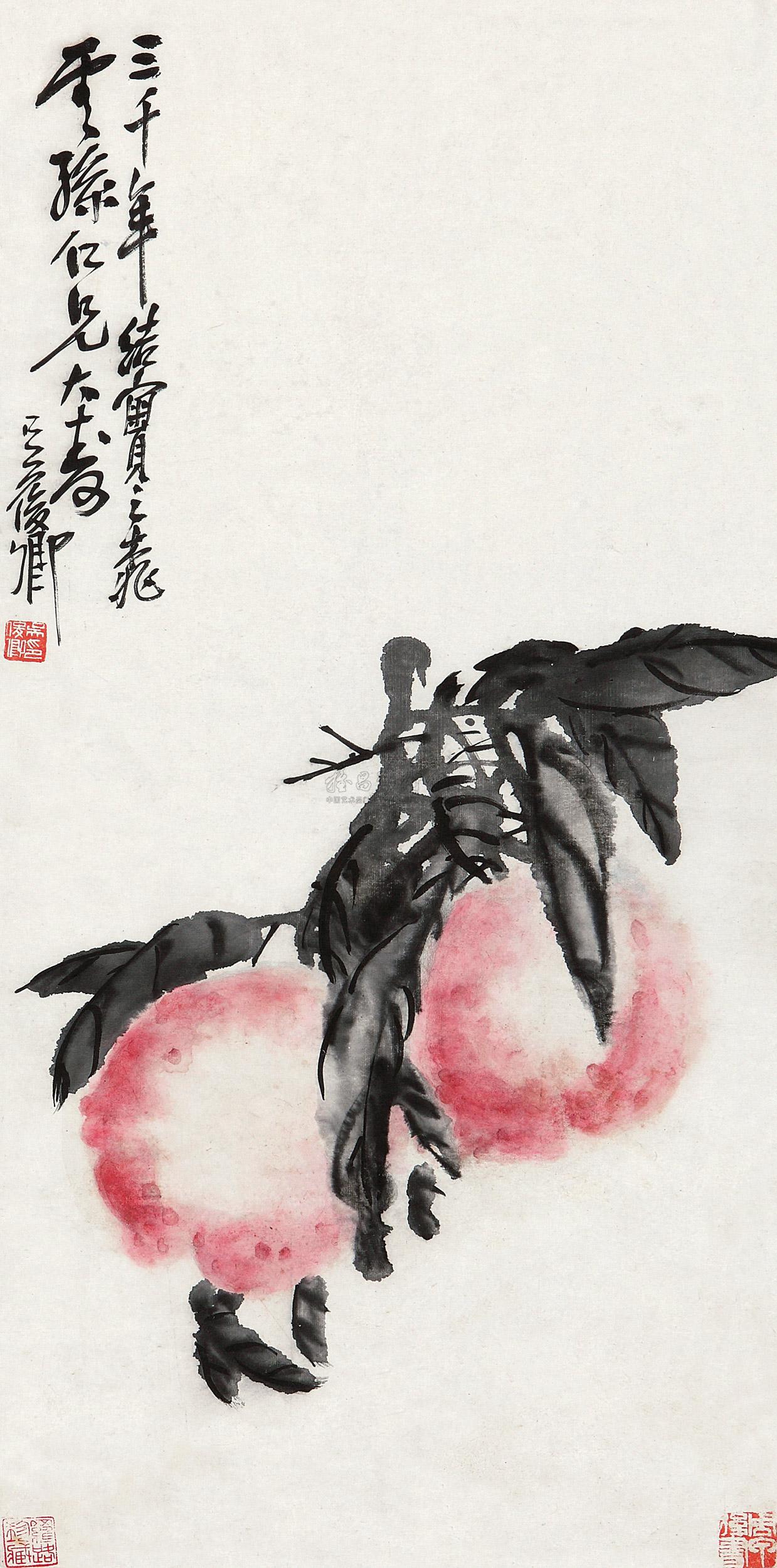 图片中的放大镜,支持鼠标滚轮缩放区域大小0445吴昌硕 桃实图 立轴