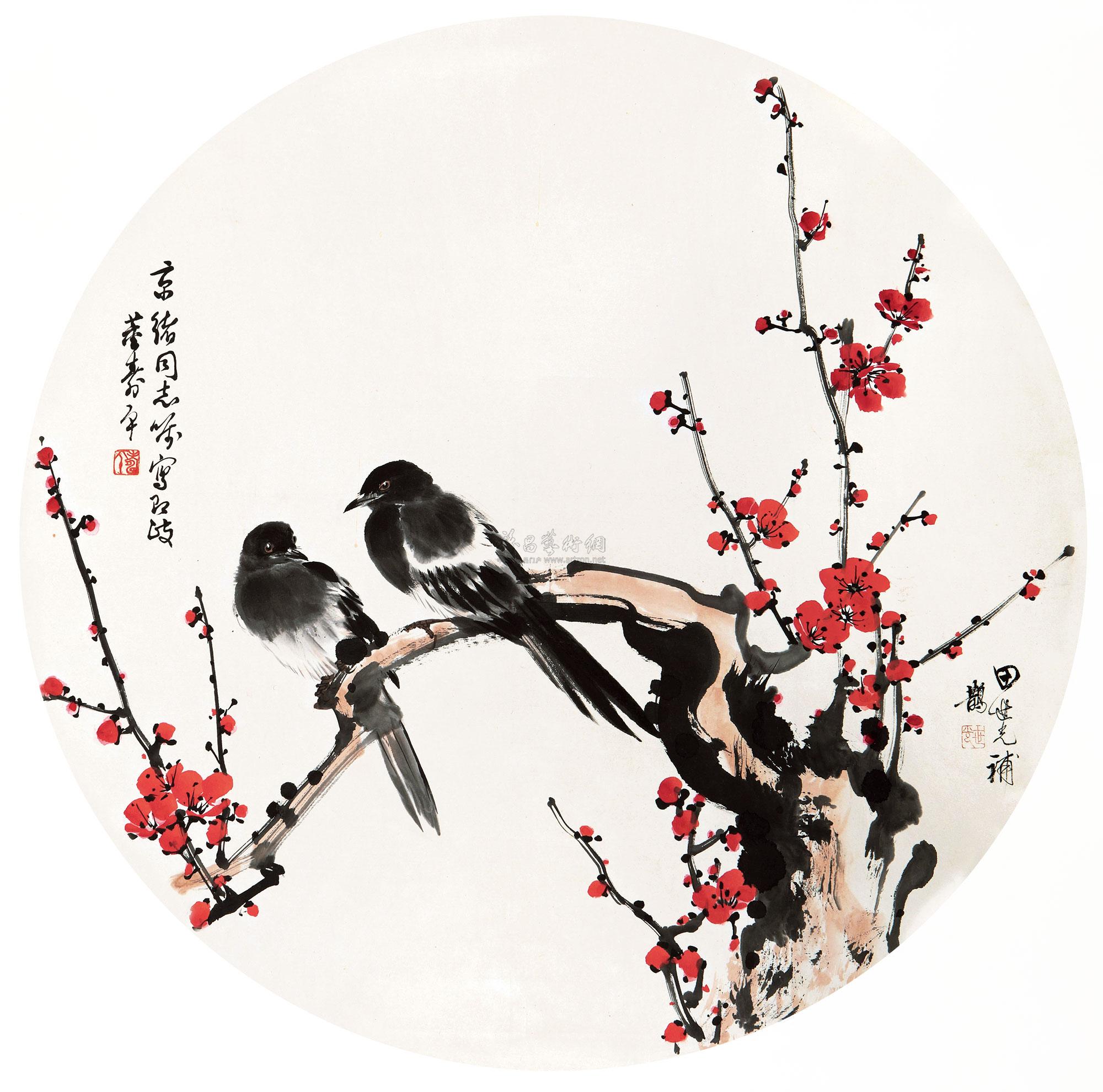 0033喜上梅梢立轴设色纸本