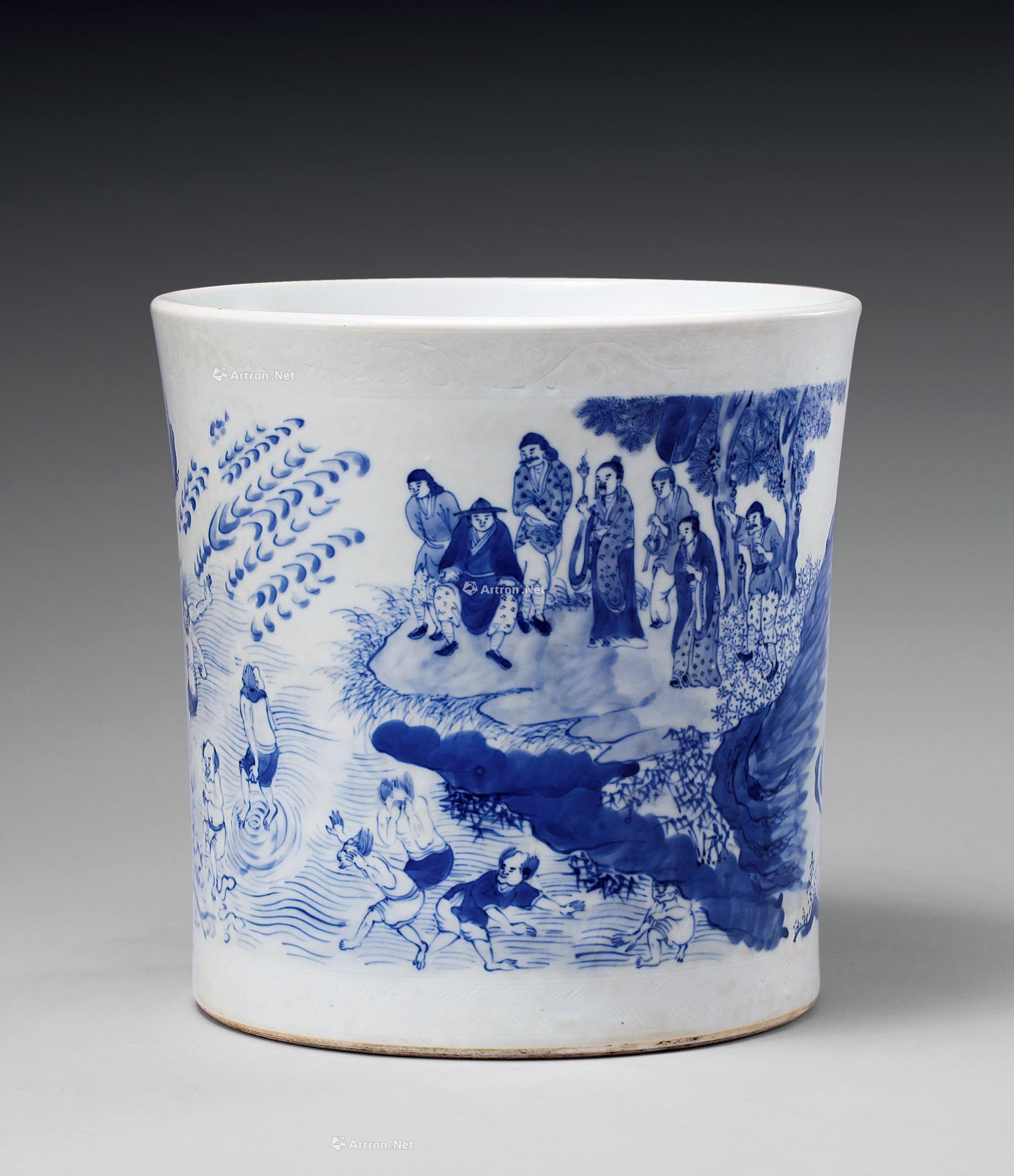 *2928 明崇祯 青花人物故事笔筒
