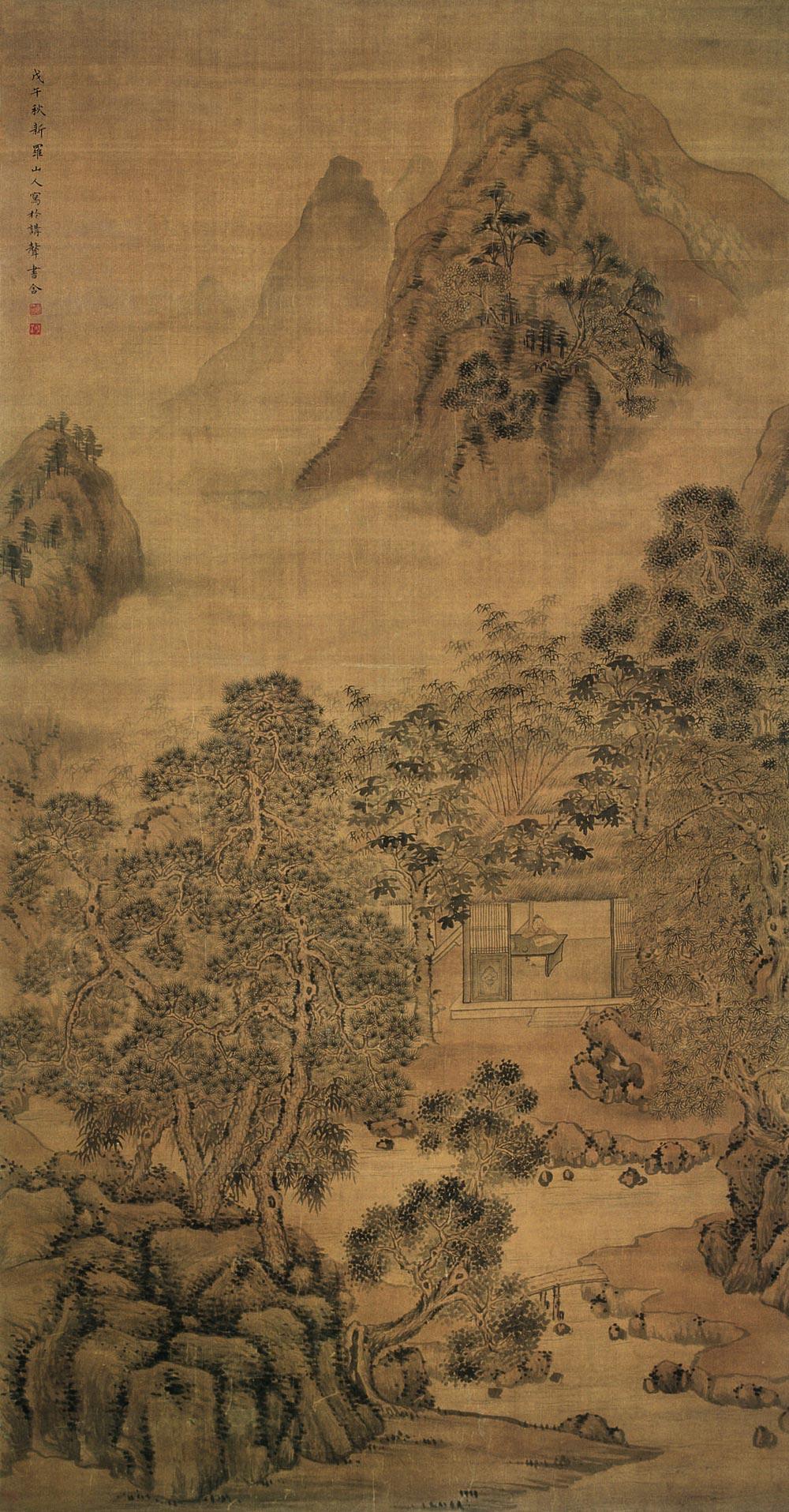 0812 1738年作 秋窗读画图 立轴 设色绢本