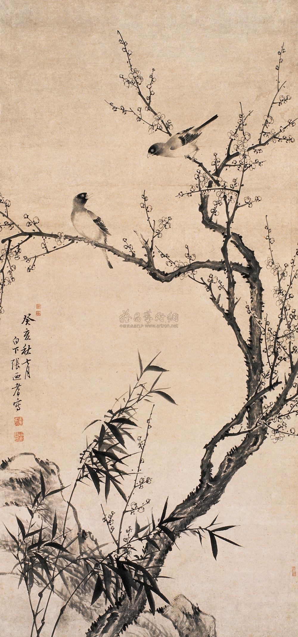 07401803年作梅竹双雀图立轴水墨纸本