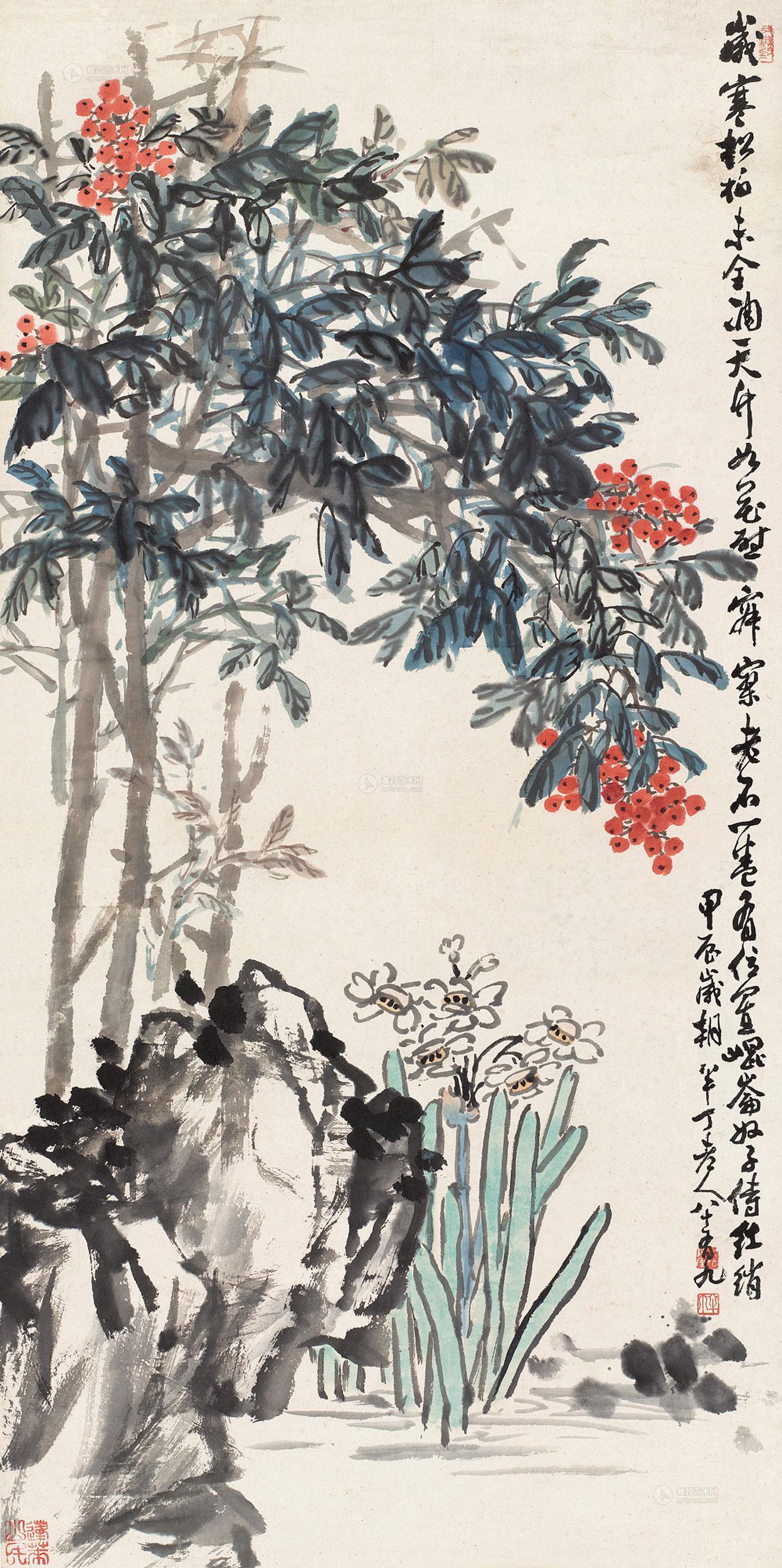 0274甲辰1964年作天竹水仙立轴设色纸本