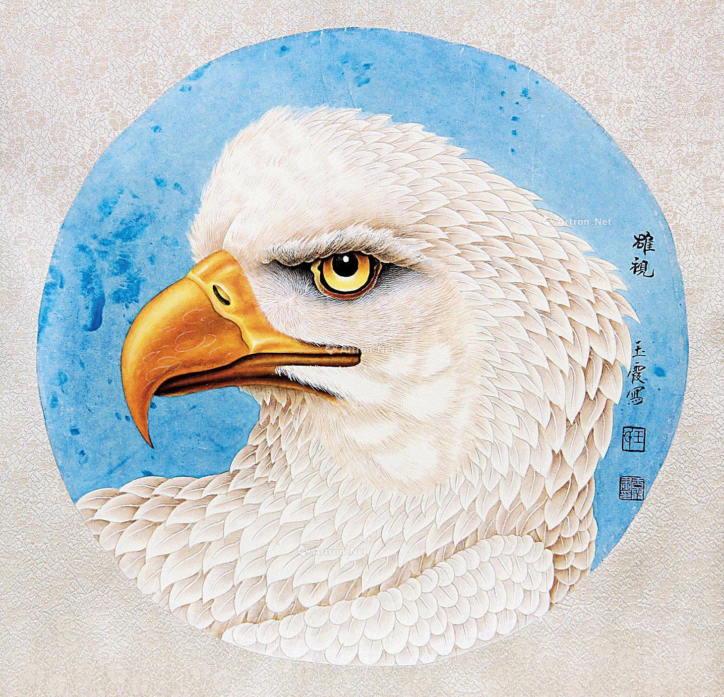 0052鹰头工笔画斗方设色纸本