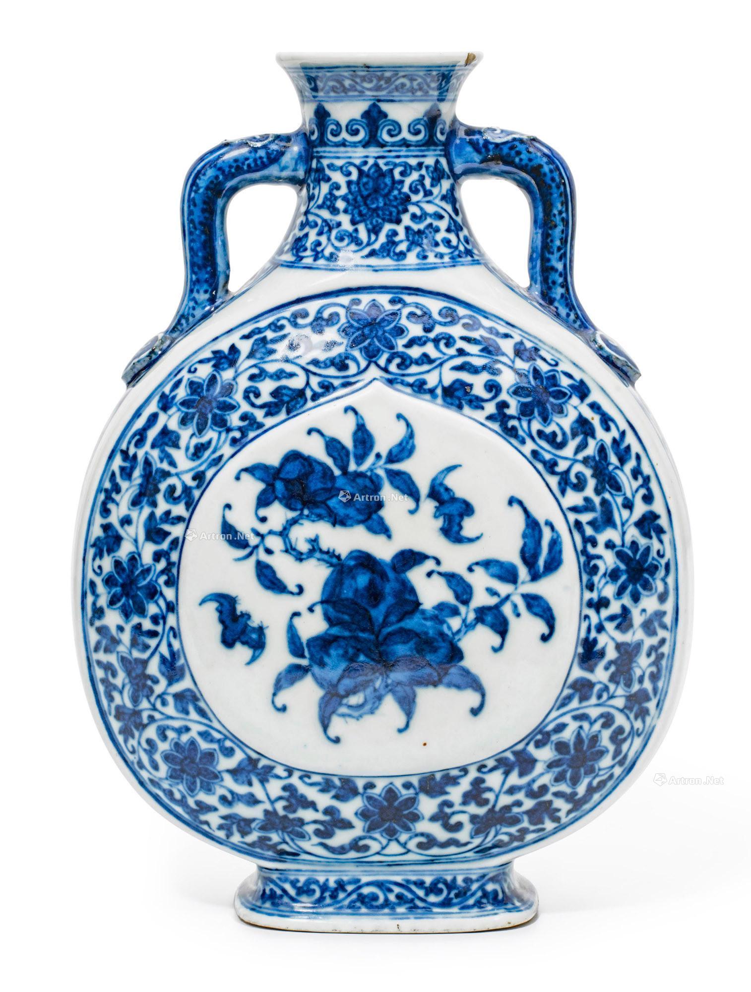 0107 清19世纪 青花福寿双全双耳扁壶