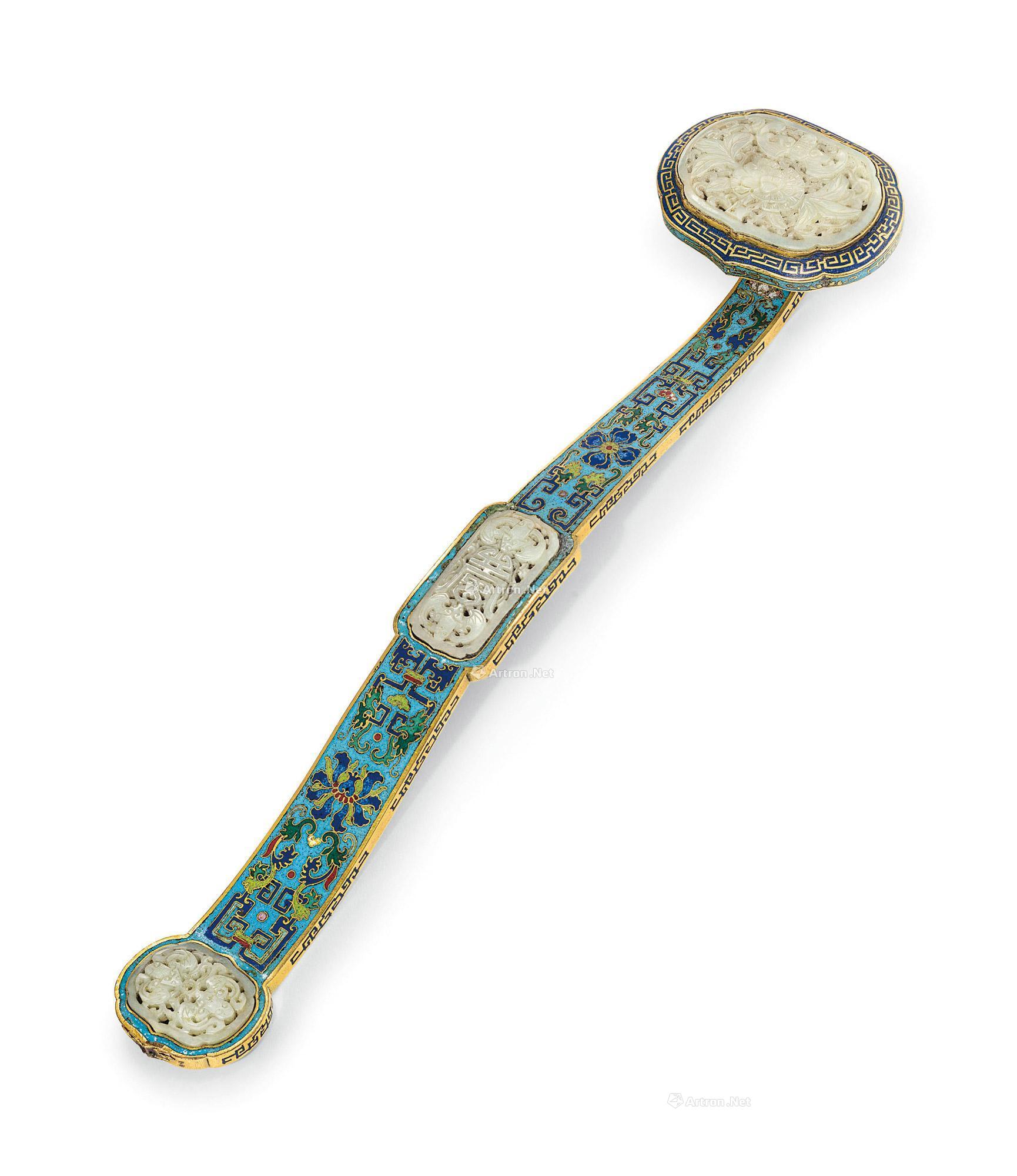 1211 清乾隆 掐丝珐琅三镶玉雕福寿纹如意