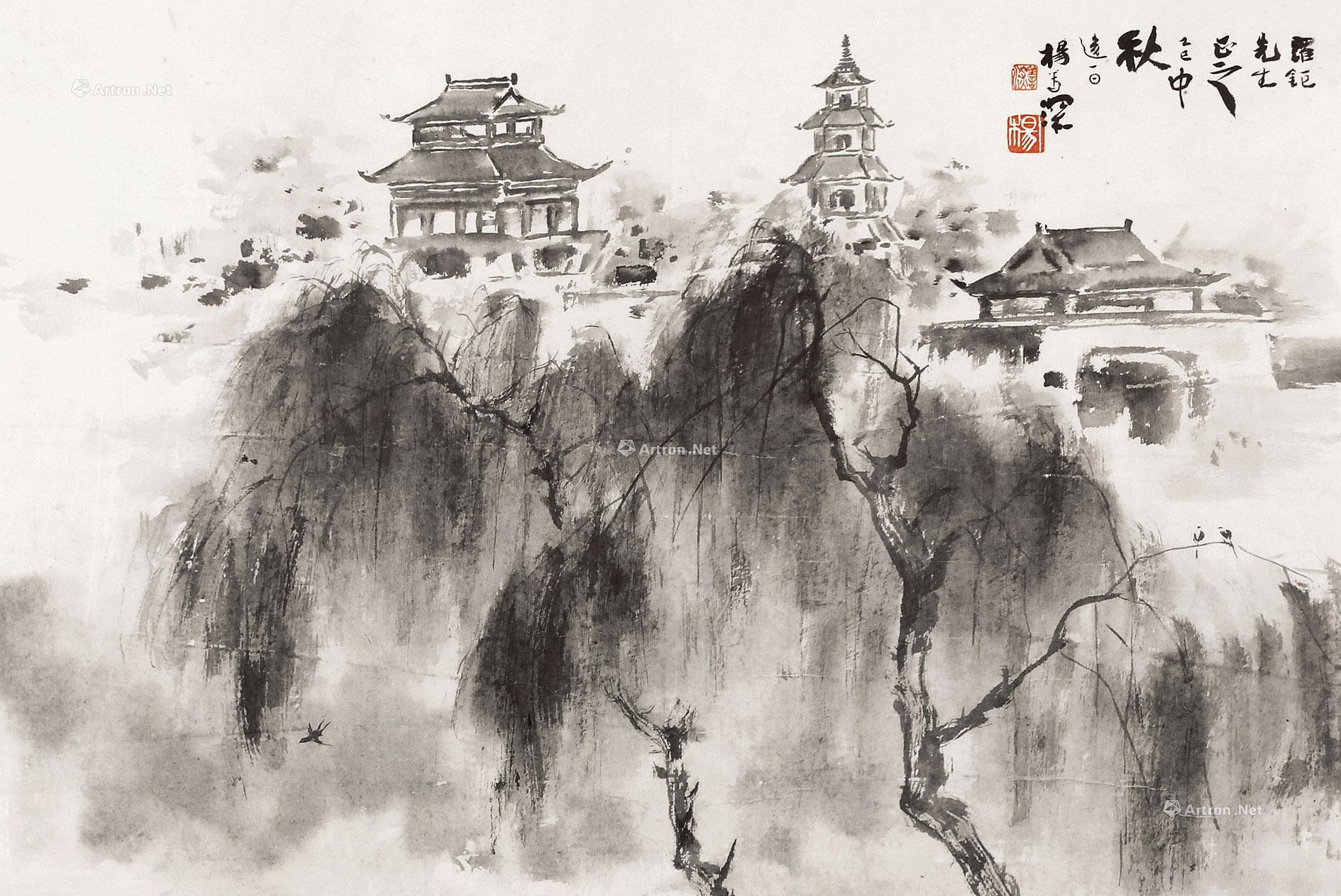 0042 水墨园林 镜框 设色纸本