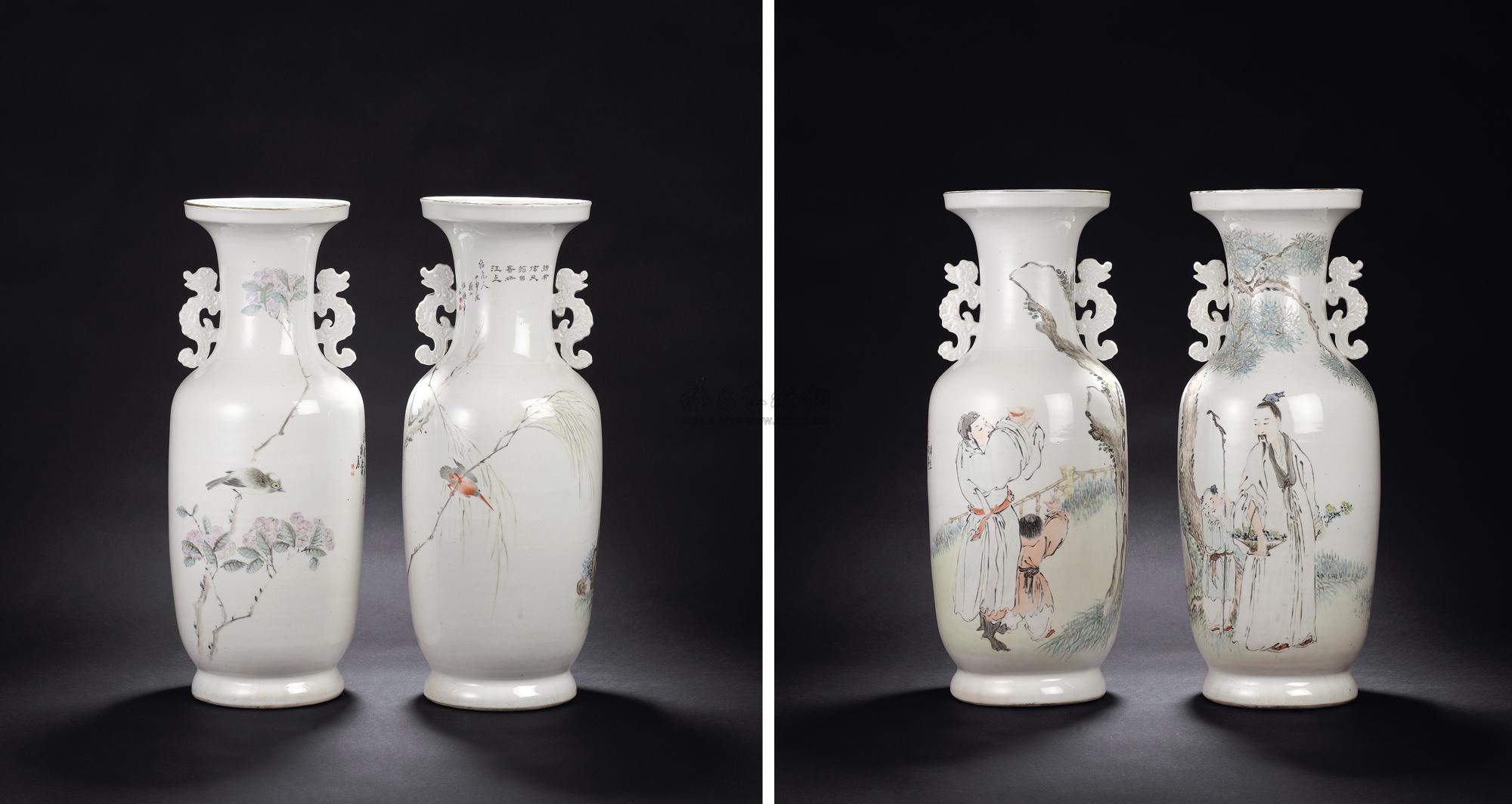 任焕章 浅绛彩人物花鸟大瓶-"新月雅集"——晚清民国文人瓷绘与现当代