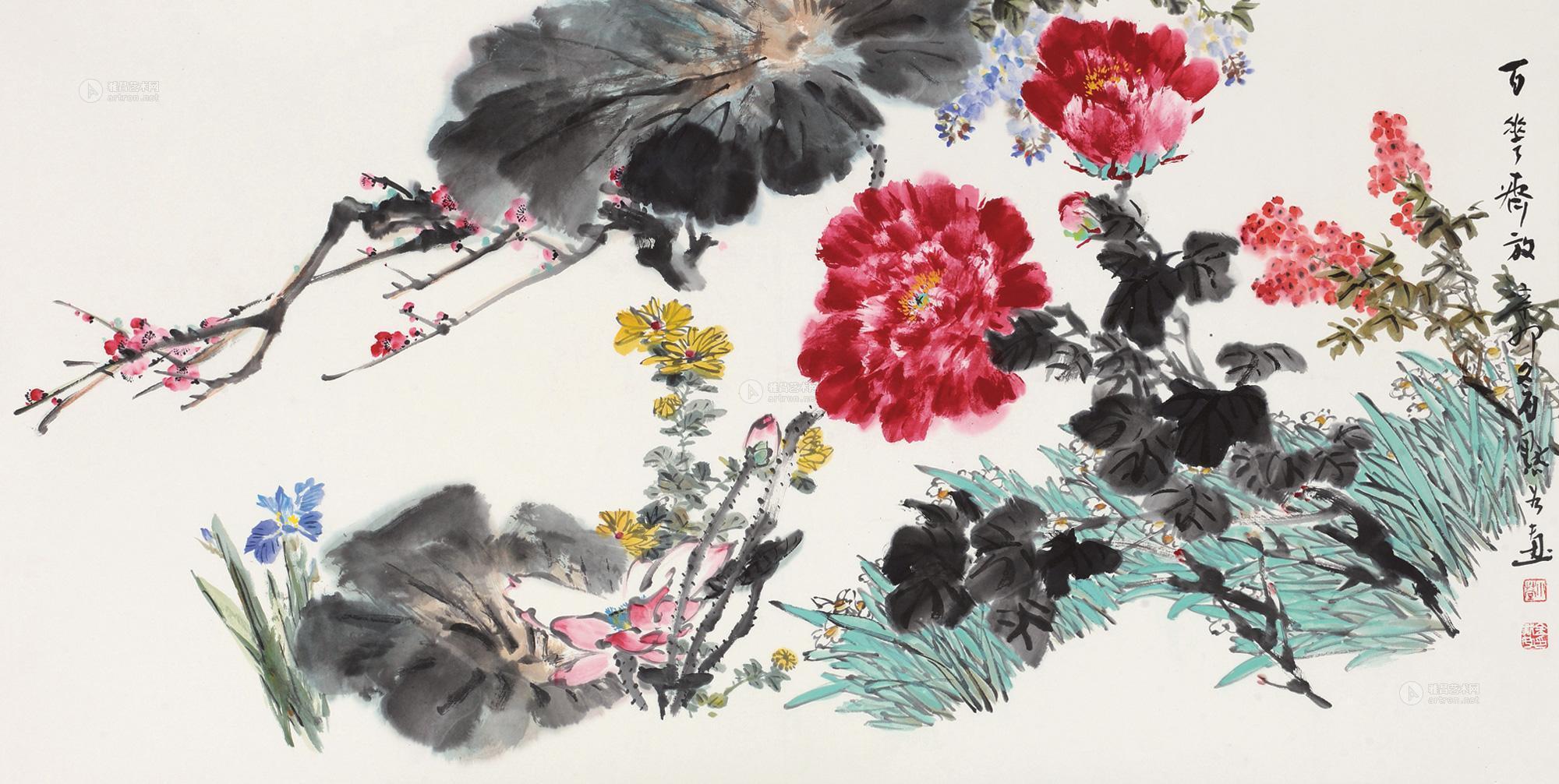 6261百花齐放镜心设色纸本