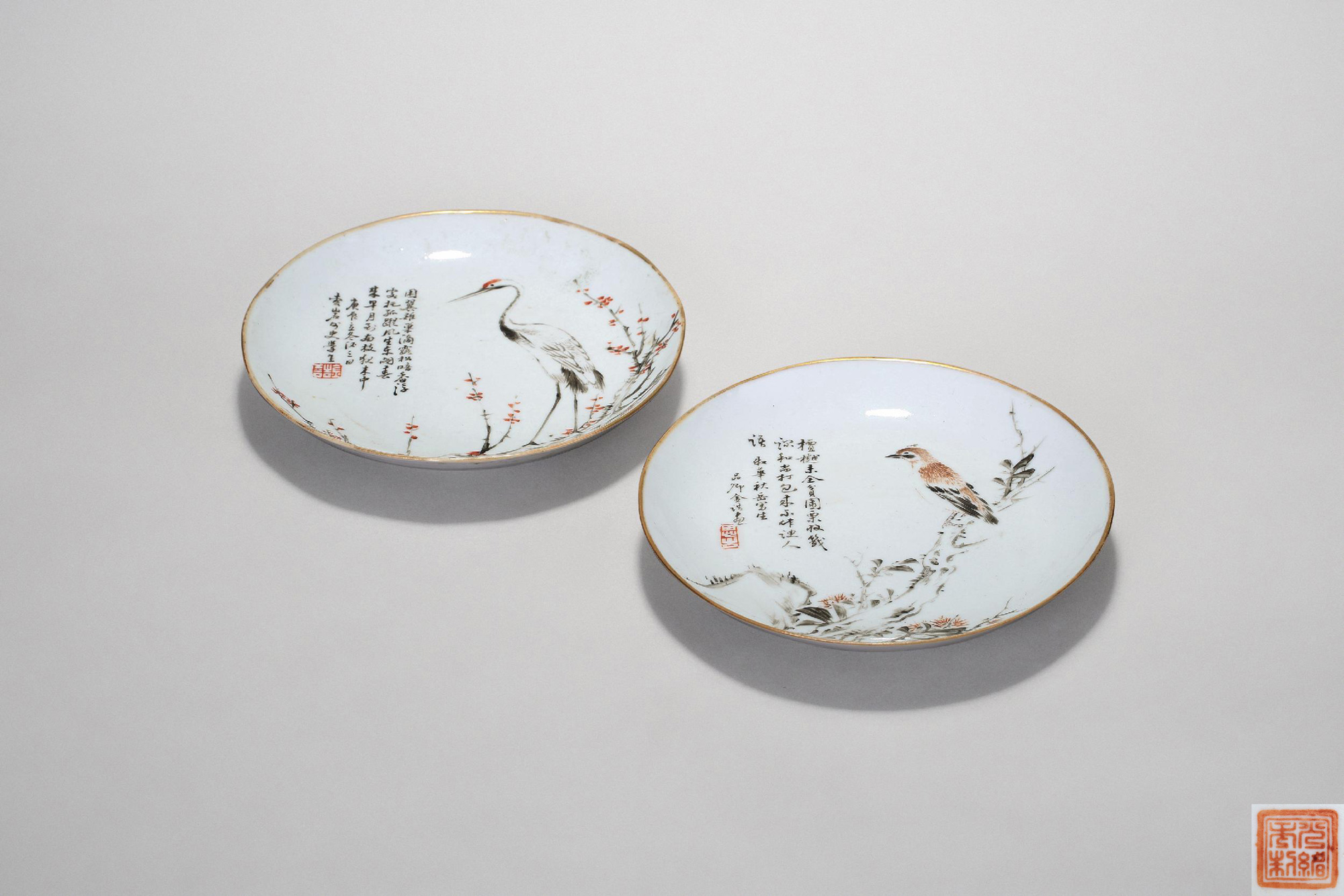 5064清光绪6年1880年金品卿浅绛彩花鸟盘一对