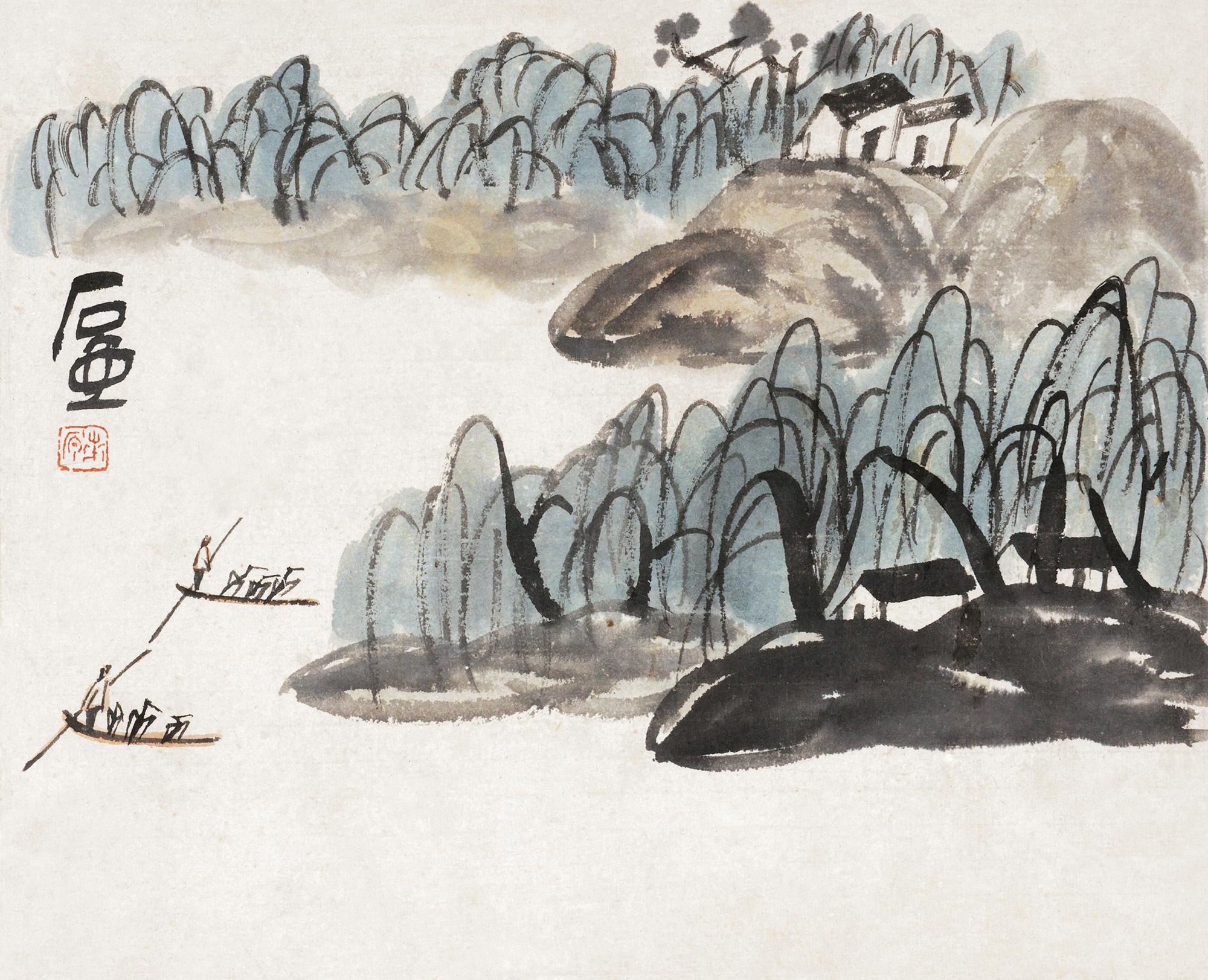 3859柳溪渔泛镜心设色纸本