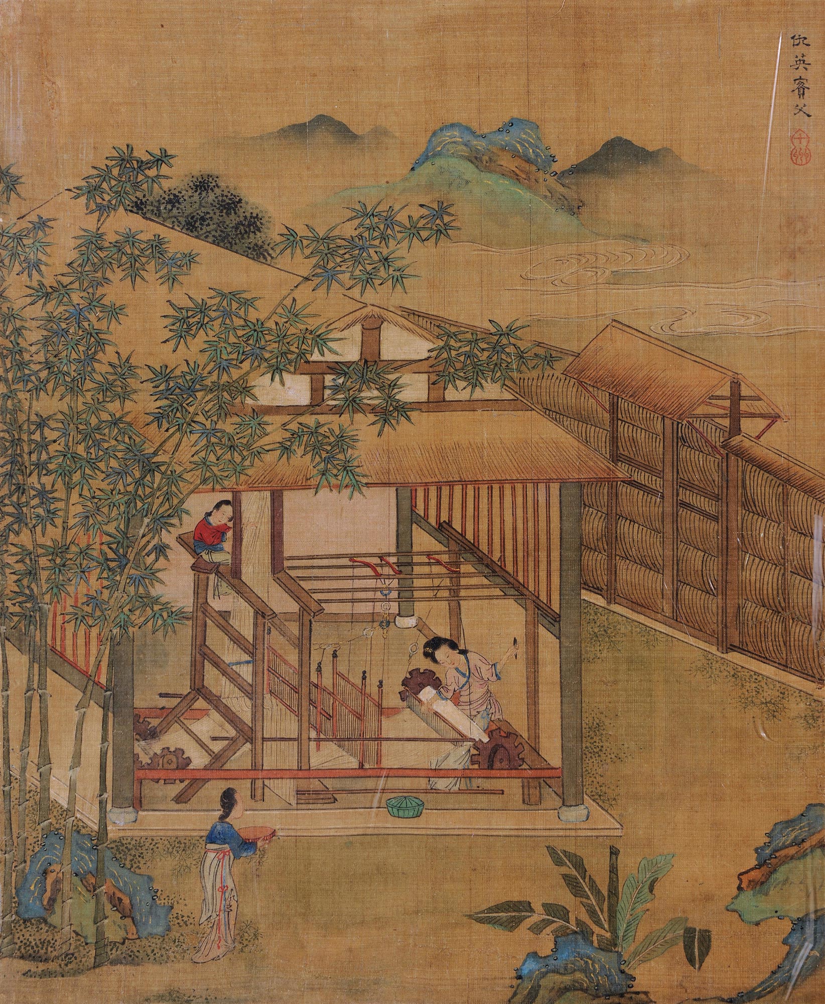 3665 纺织图 镜心 设色绢本