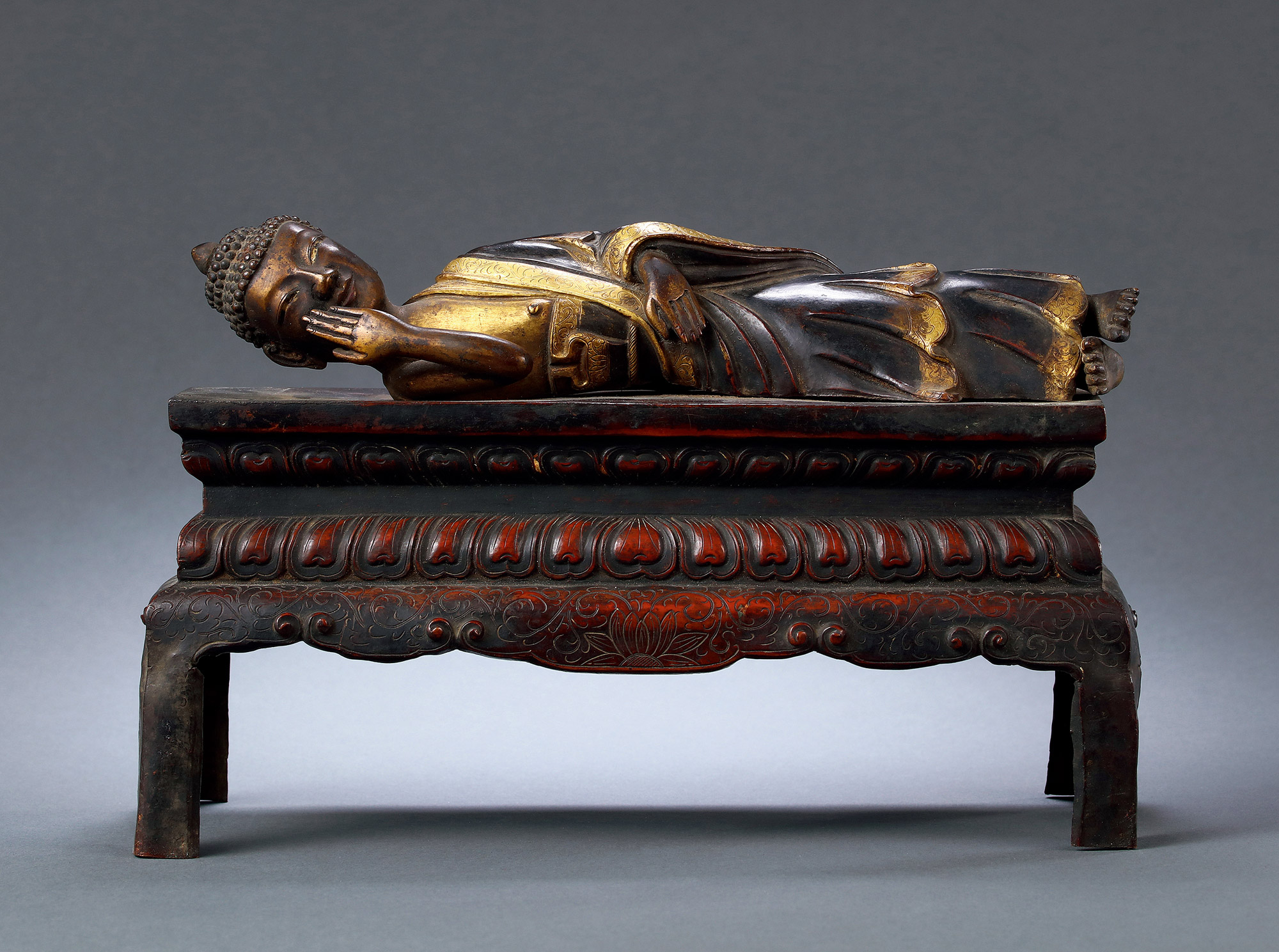 铜局部鎏金释迦牟尼涅盘像-中国古董珍玩Ⅱ—佛造像