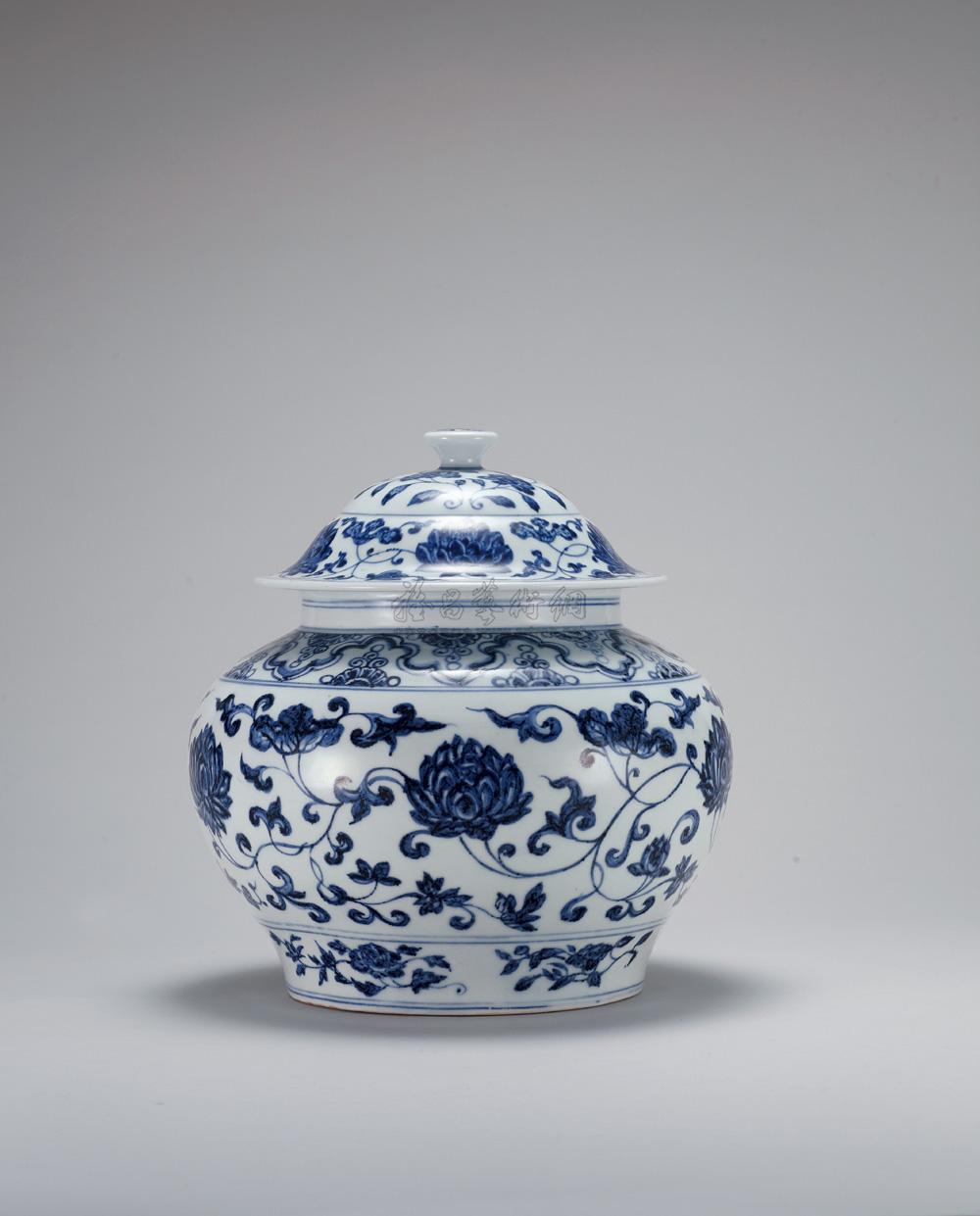 4456 明永乐 青花披肩花缠枝莲花盖罐