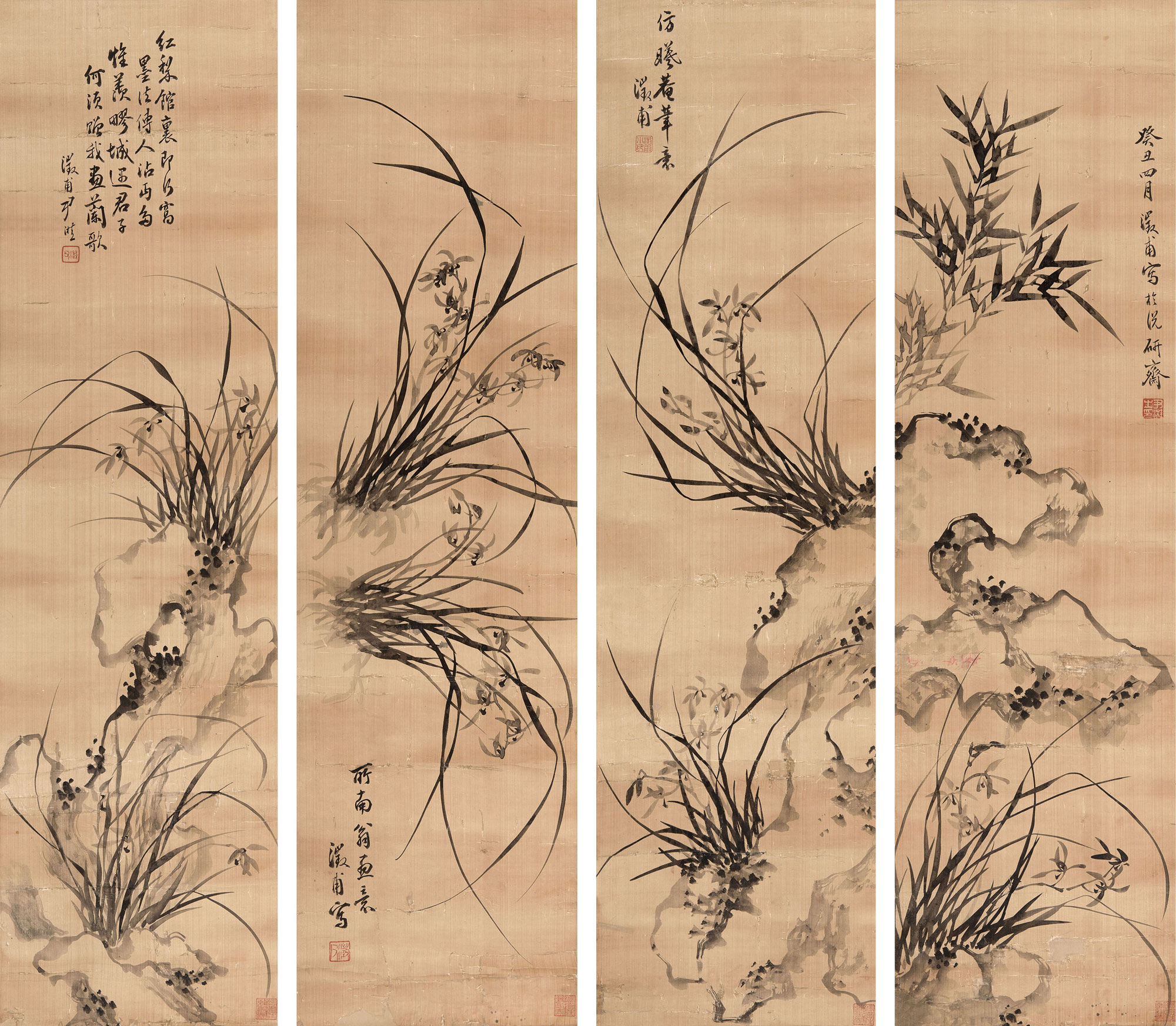 0048兰花四条屏条屏绢本水墨