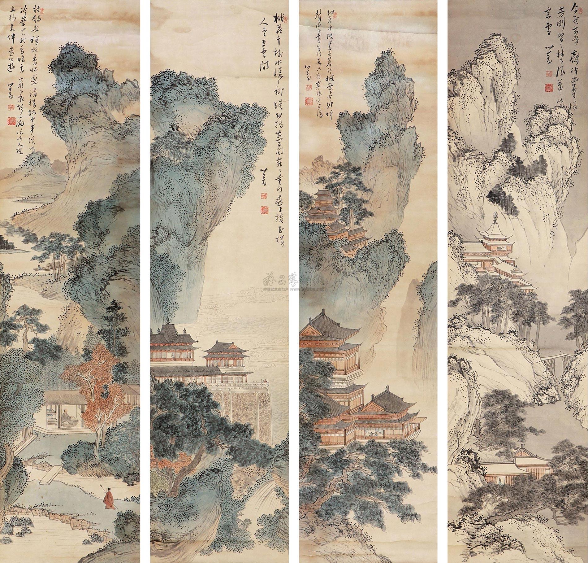 0151山水四条屏轴设色纸本