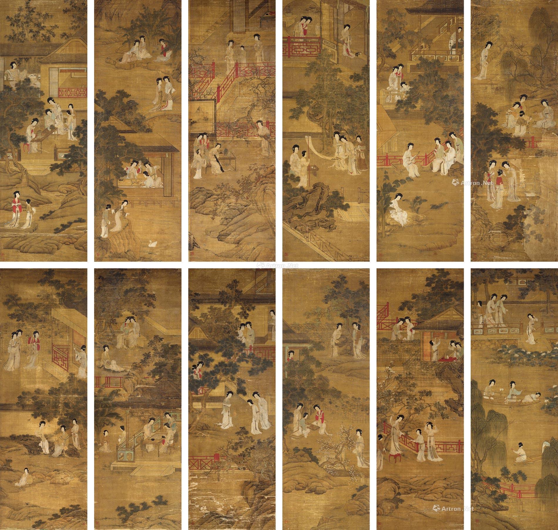 0179绢本百美图十二幅立轴设色绢本