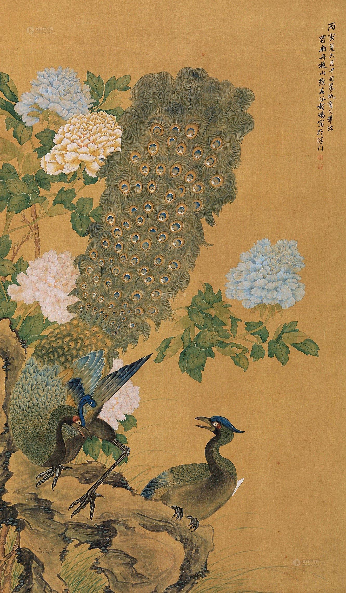 0045牡丹孔雀立轴设色绢本