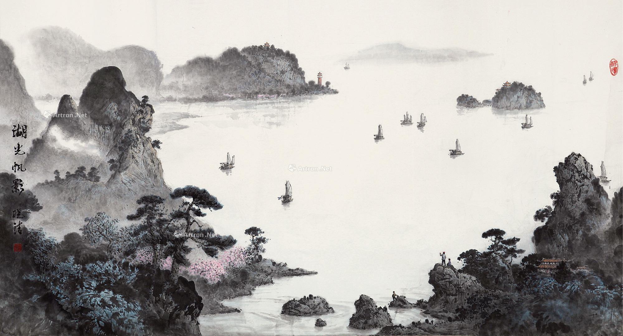 0109湖光帆影镜片设色