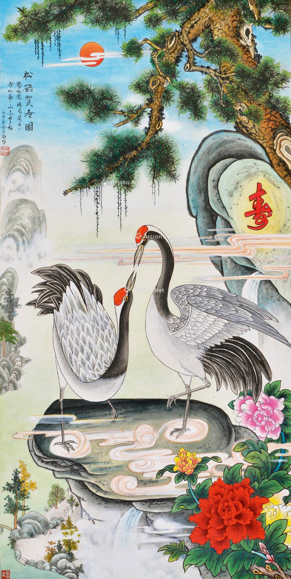 0107松鹤贺寿图立轴设色纸本