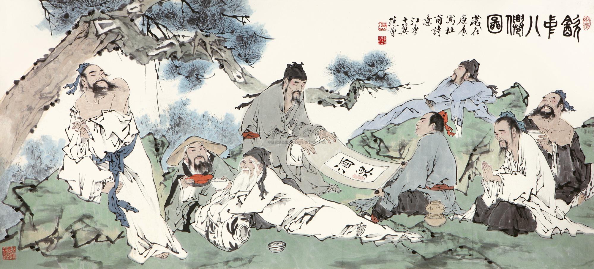 1389 2000年作 饮中八仙图 镜框 设色纸本