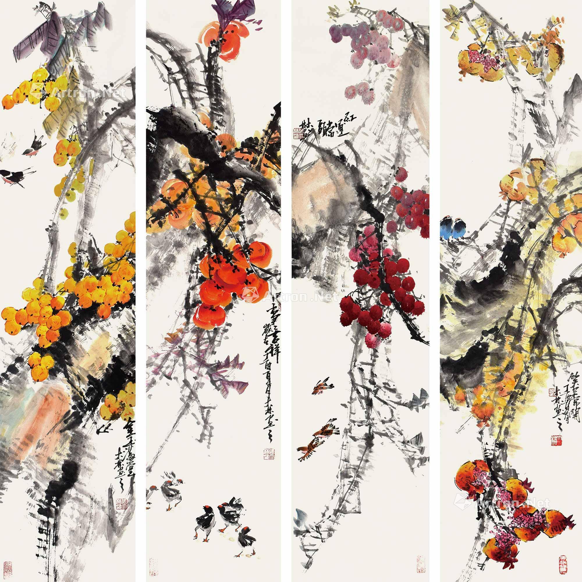 01852017年作花鸟四条屏立轴设色纸本