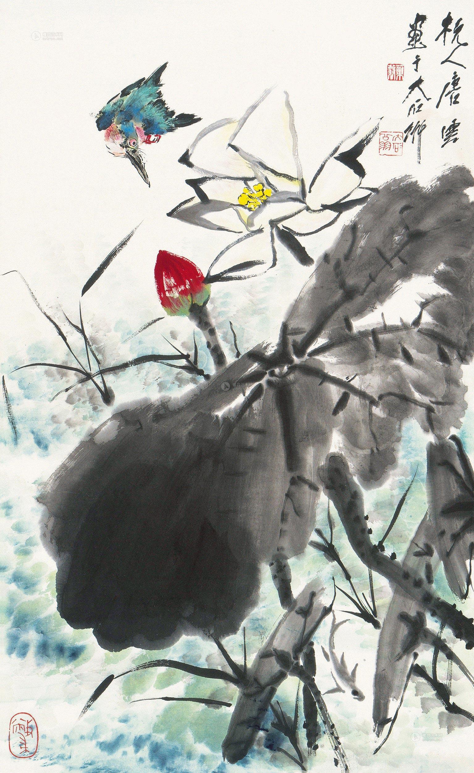 0180荷花翠鸟镜片设色纸本