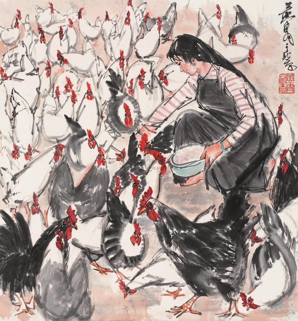 0244饲鸡图立轴设色纸本