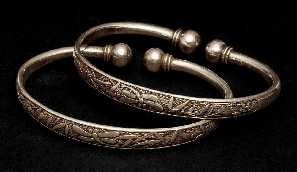 1336清蒜头老银手镯一对