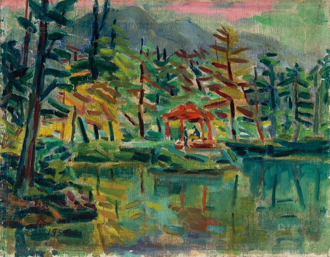 06701955年作阿里山姐妹潭油彩木板