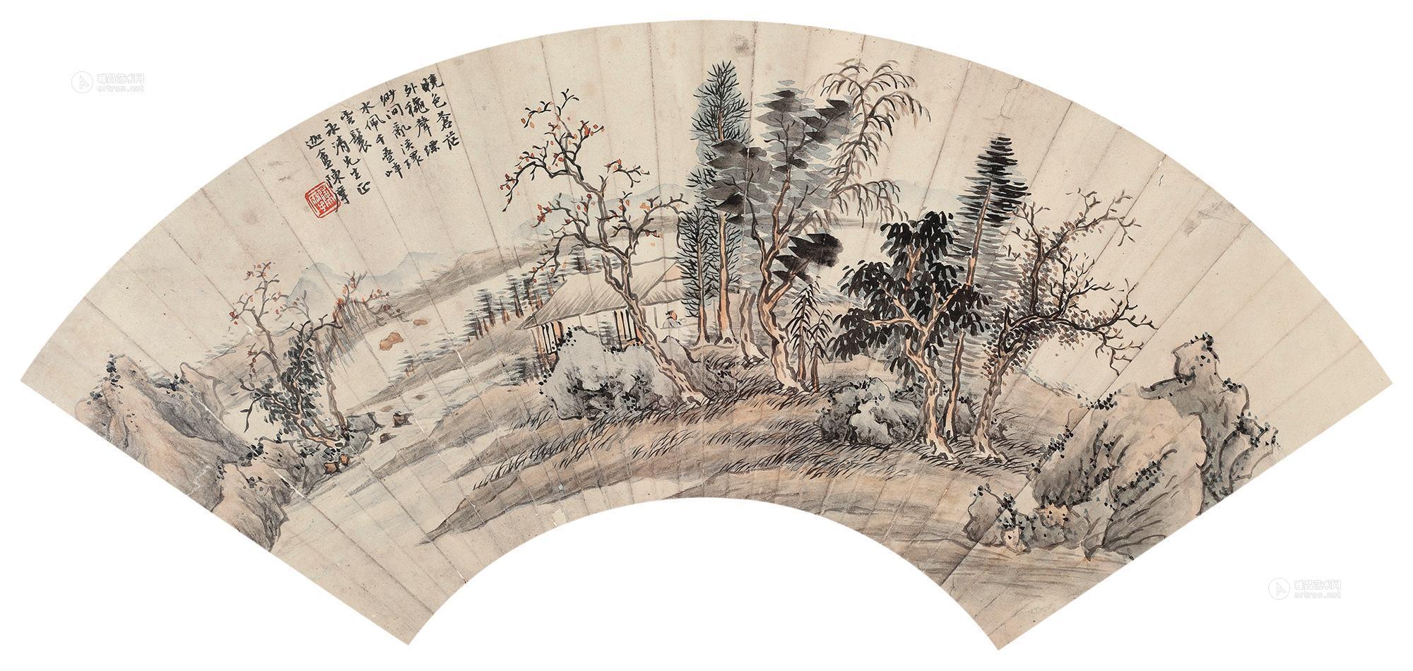 0473山水扇面镜片设色纸本