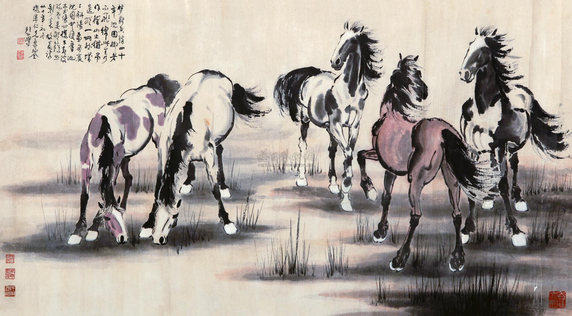 0009五马图镜心纸本