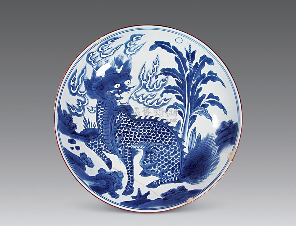 0464清顺治青花麒麟芭蕉大盘