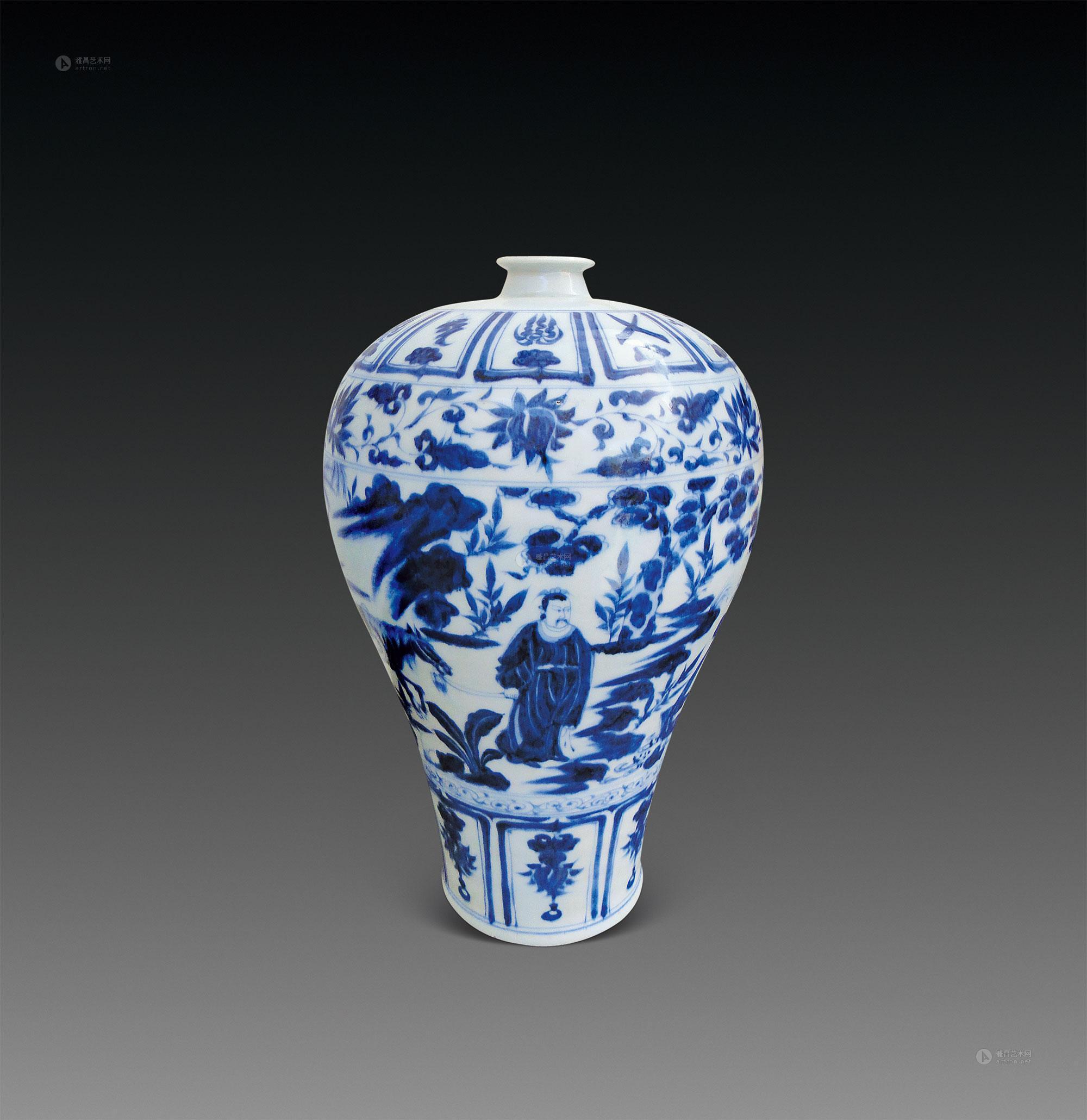 1044 元 萧何月下追韩信青花梅瓶