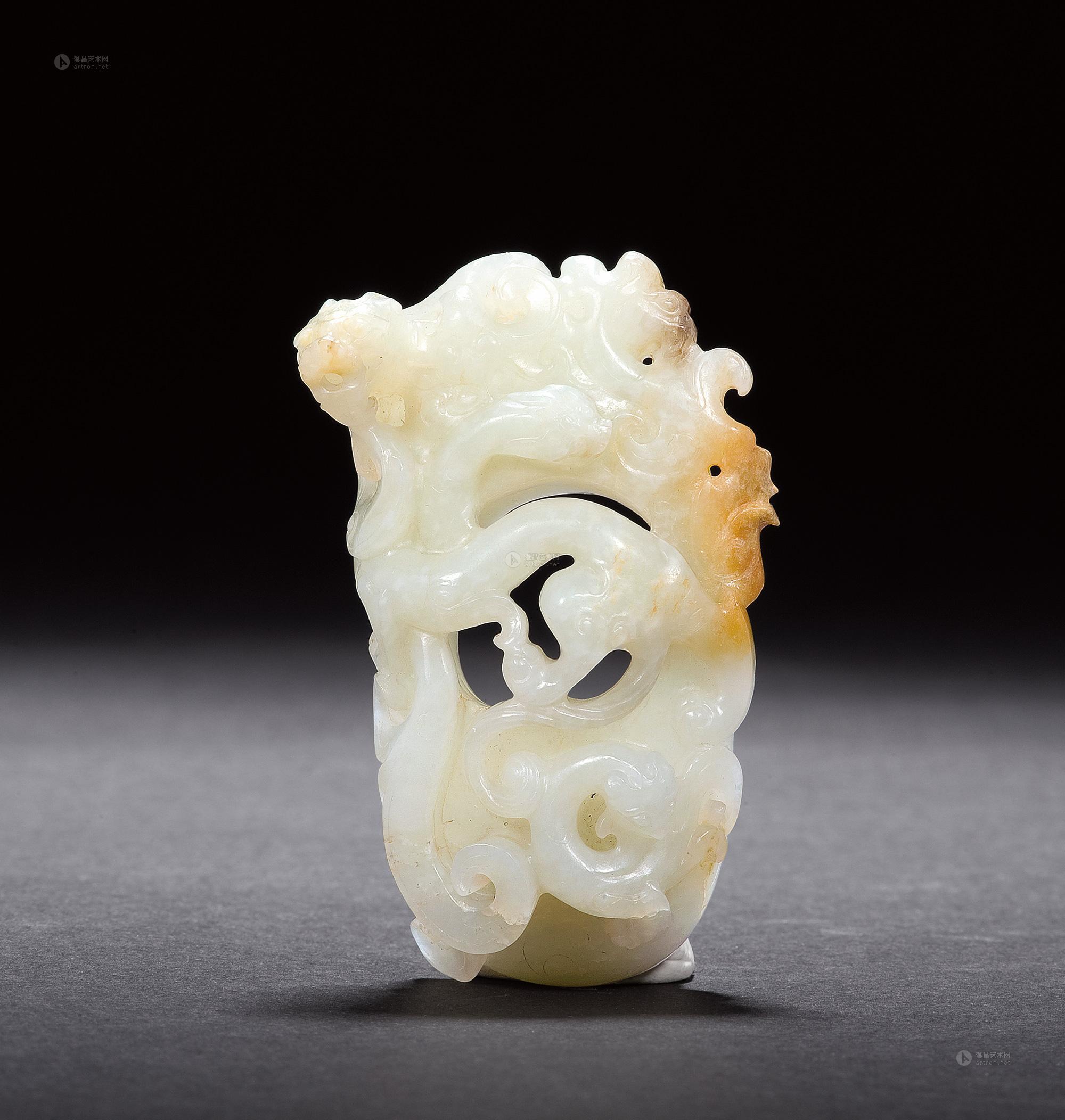 0126 明 白玉镂空雕夔龙纹把件