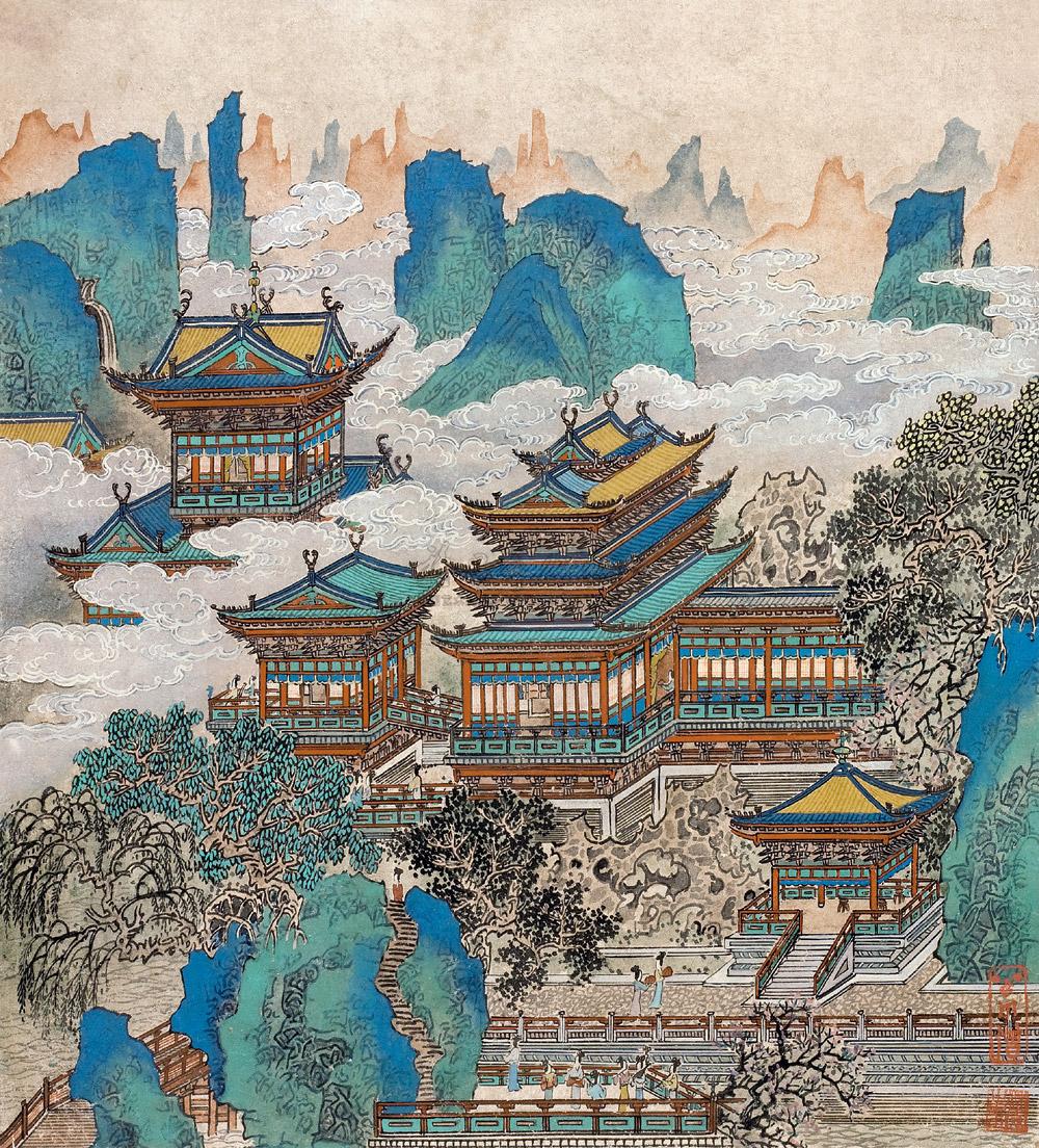 0514晚霞楼阁图立轴纸本