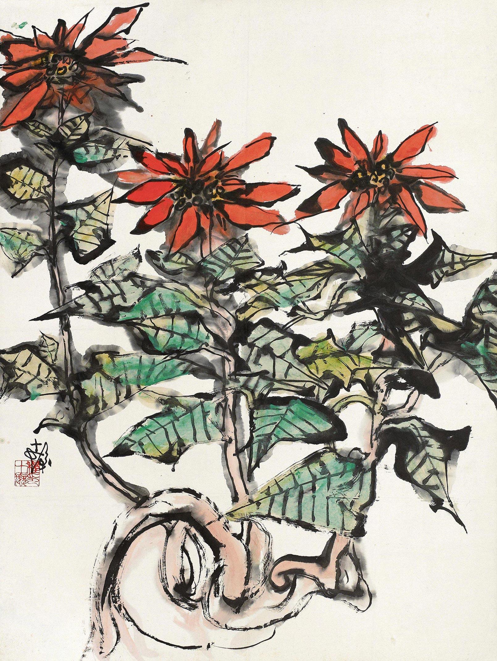 0632一品红镜框设色纸本