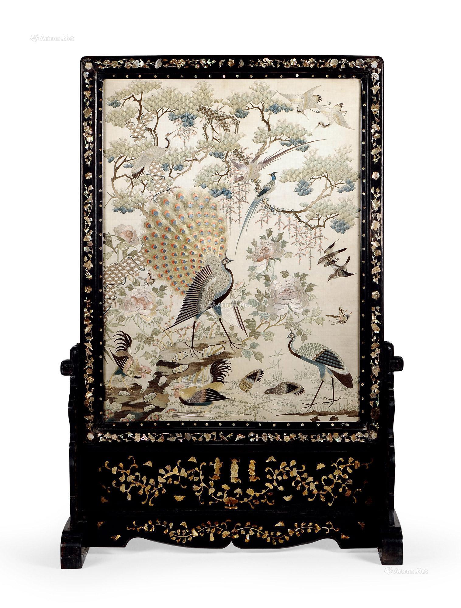 2334清乾隆粤绣百鸟朝凤图插屏