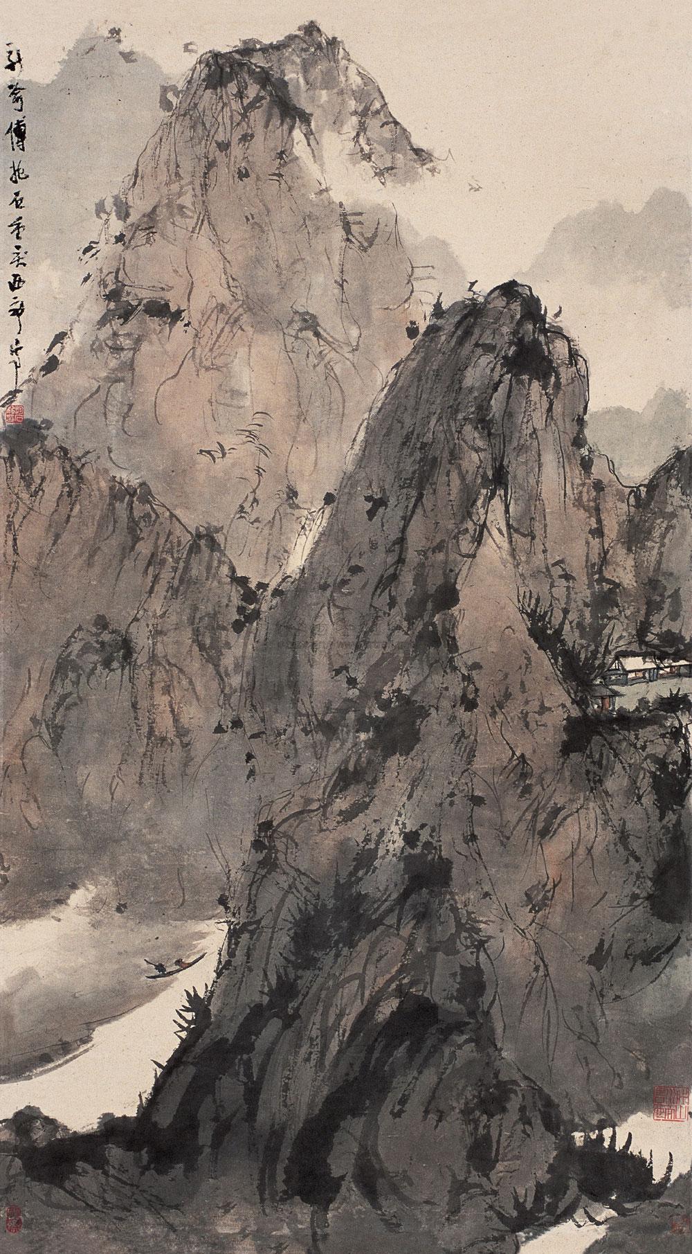 0489溪山访友立轴设色纸本