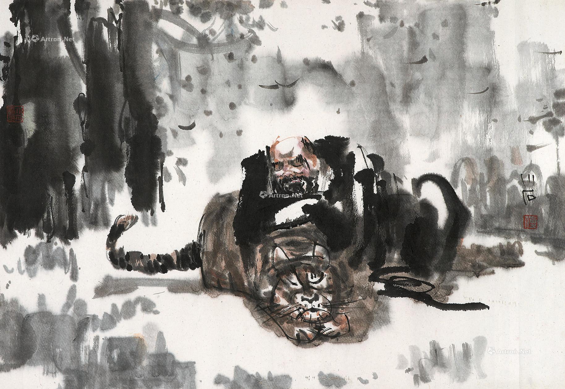 0198伏虎罗汉镜片设色纸本