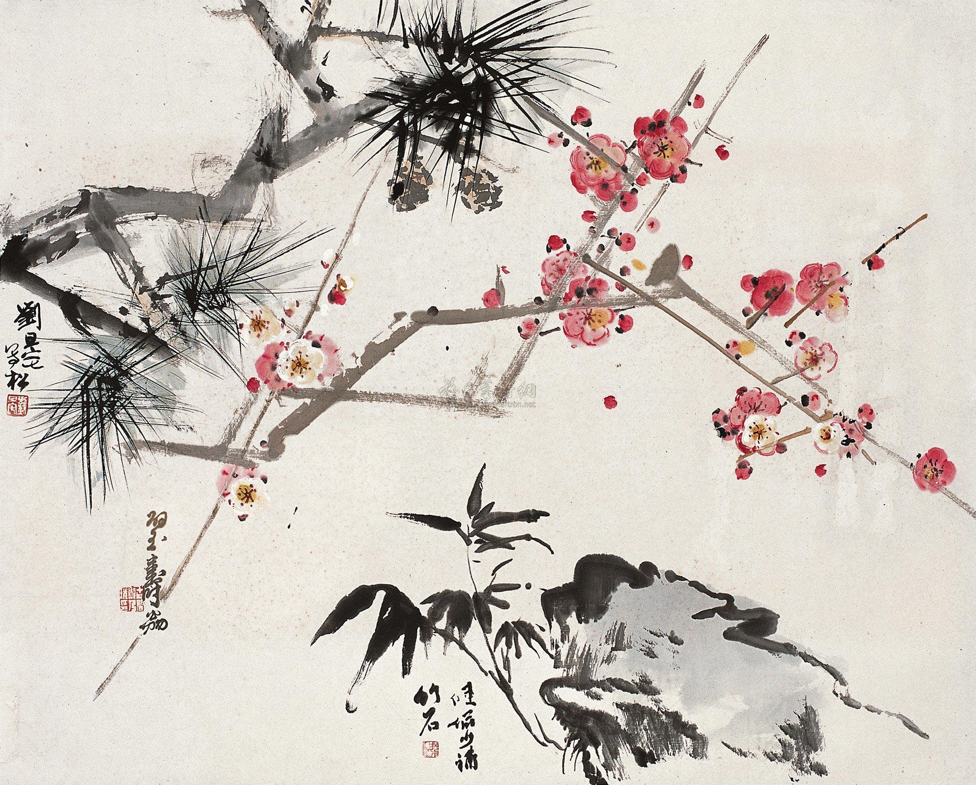 0462 庚午(1990年)作 岁寒三友图 镜片 设色纸本