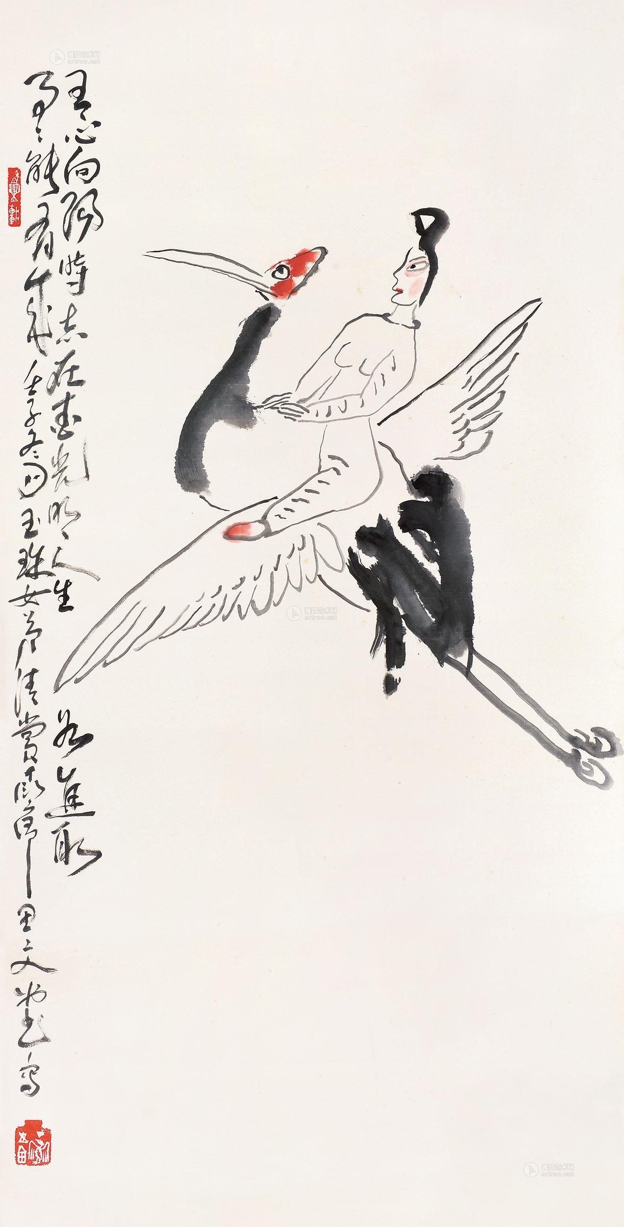 0007仙人骑鹤图镜片设色纸本