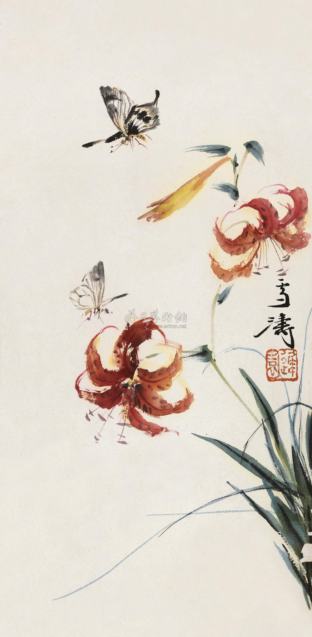 0631萱花蝴蝶镜心设色纸本