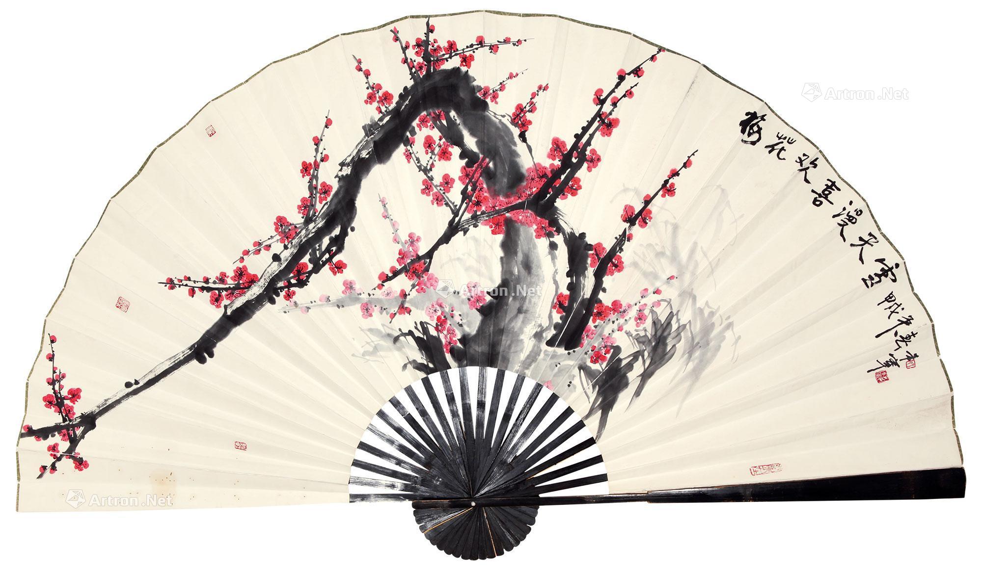 0382梅花欢喜漫天雪成扇纸本